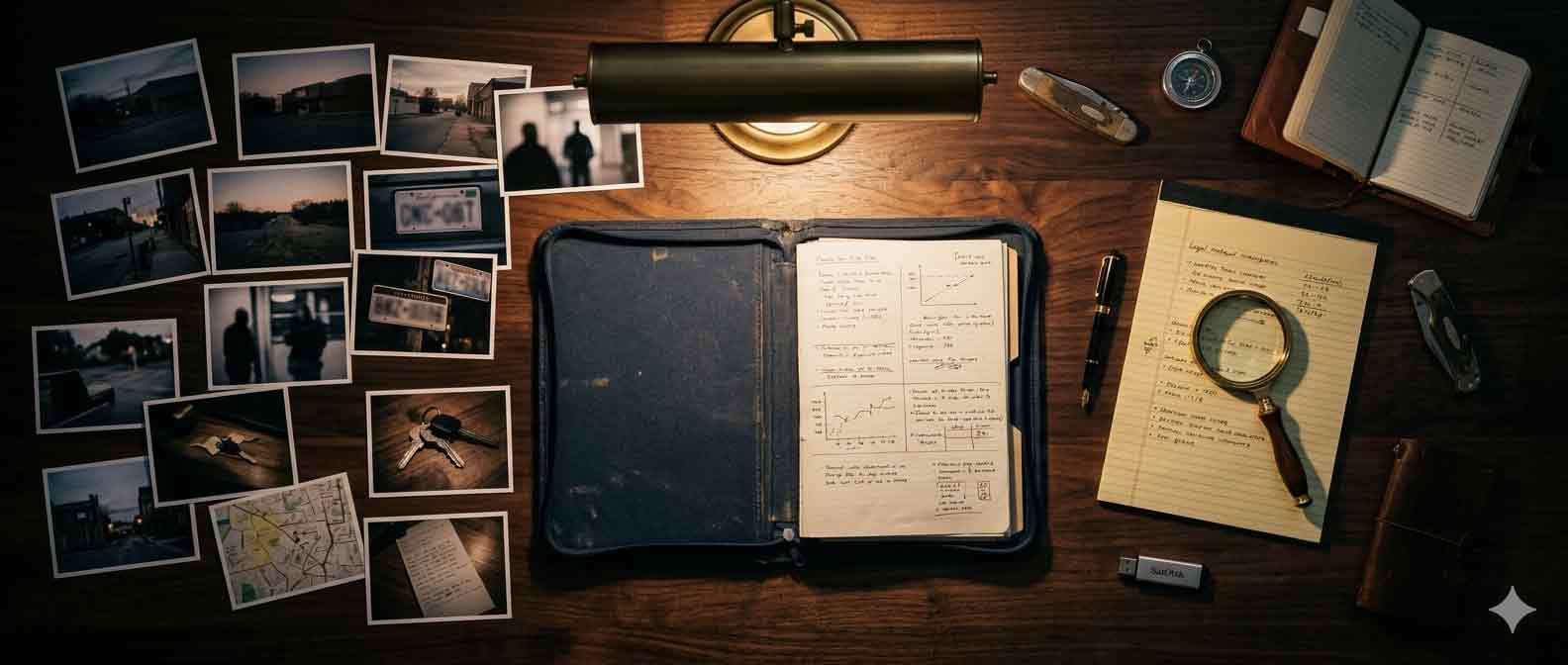 Professional private investigator case evidence and documentation on a desk representing Winnipeg PI services