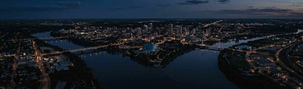 Winnipeg Manitoba aerial cityscape used as footer background for licensed PI agency