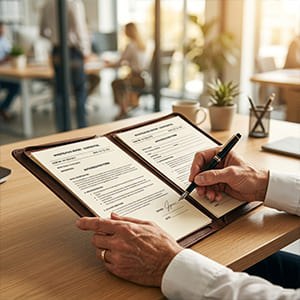 Licensed private investigator in Winnipeg reviewing official case documentation with confidence and expertise