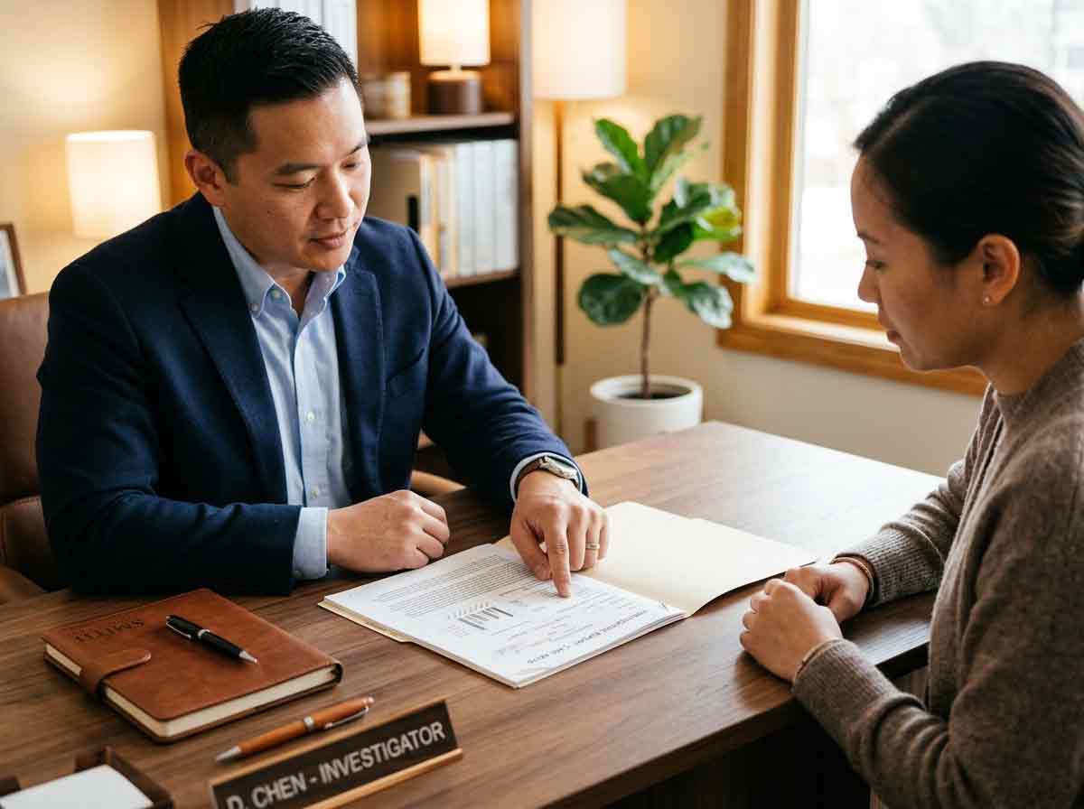 Professional licensed private investigator explaining case findings to a client in Winnipeg