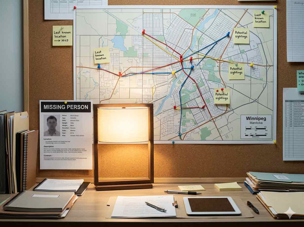 Investigator reviewing missing person case materials and location map in Winnipeg